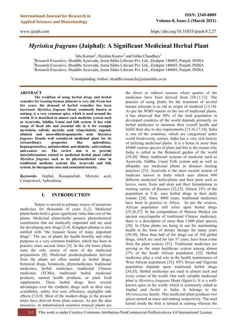 Myristica fragrans (Jaiphal): A Significant Medicinal .